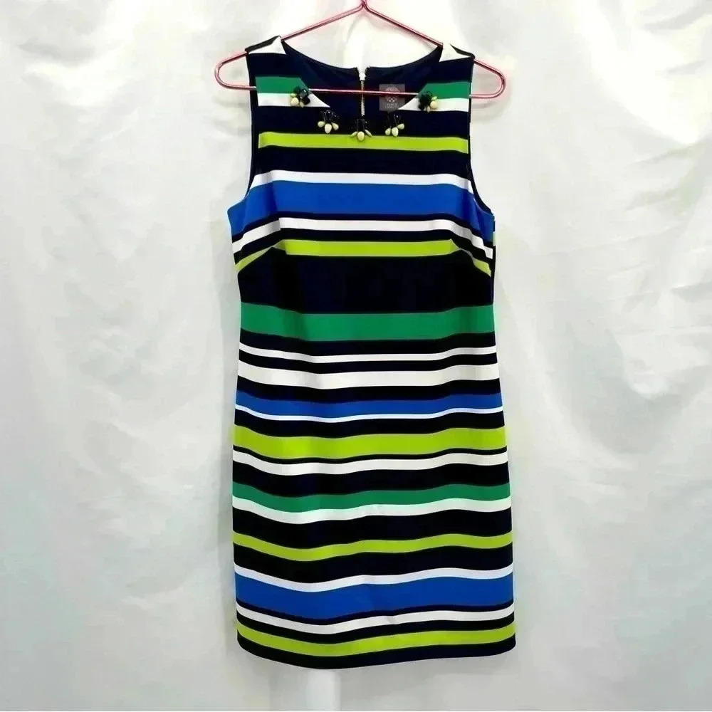 Vince Camuto Women's Summer Dress 12  Blue Green Stripe Bejeweled Sleeveless EUC